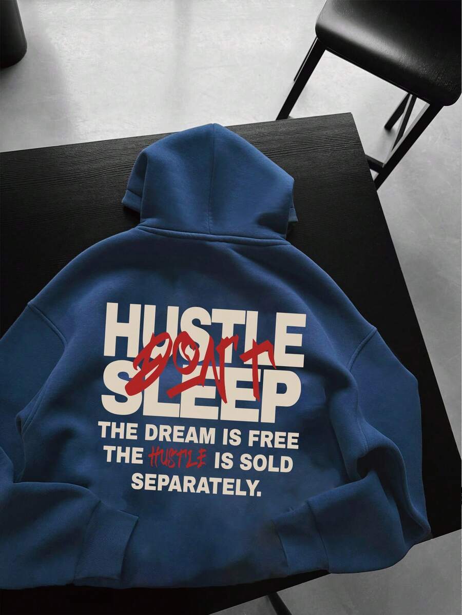 Plus Size Men's Casual Hoodie Sweatshirt, Letter Slogan Print, Urban Street Style, Leisure Sports Weekend, Autumn/Winter Long Sleeve Hooded Pullover - Blue - View 1