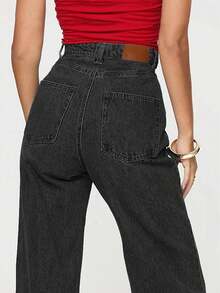 女士时尚高腰直筒牛仔裤，深灰色复古风休闲裤（不含腰带），春夏款 - 深灰色 - 查看 5