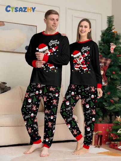2 pezzi Set pigiama donna con top Babbo Natale e pantaloni stampati, abbigliamento casual da casa, per autunno e inverno