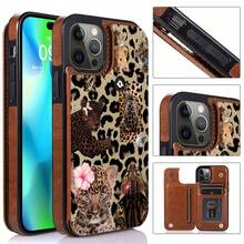 Funda tipo cartera con estampado de leopardo, adornada con adorables cachorros de león y un diseño moderno de bola de discoteca. Compatible con iPhone 16e, 16, 15, 14 Plus, 13, 12, 11 Pro Max, SE, 2022, 7, 8 Plus, X, XR, XS Max. Incluye tarjetero, cierre magnético doble y funda protectora resistente. - Marrón - Ver 2