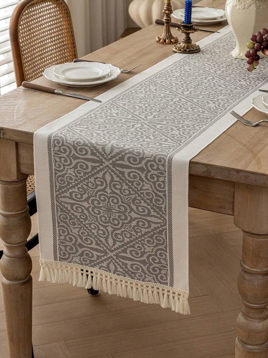 1 件长方形涤纶桌旗，带彩色流苏装饰，适用于厨房/客厅家居装饰