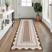 1PCS Room Decor Bordered Rug Scalloped Geometric Pattern Modern Washable Low Pile Area Rug For Living Room Bedroom Contemporary Non Slip Large Rug Low Pile Stain Resistant Carpet For Classroom Dining Room Runner For Hallway Kitchen Enterway - 紅棕色 - 查看 3