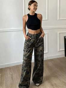 Livesso 美式复古迷彩工装裤，宽松直筒多口袋水洗做旧休闲裤，女款 - 軍綠色 - 查看 2