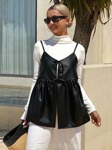 Livesso 女士纯黑色PU面料系带抽绳宽松百搭休闲吊带背心