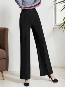 Pantalón de pierna ancha de unicolor para uso diario de mujer - Negro - Ver 3