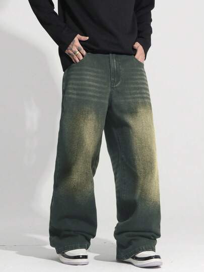 1 pieza Pantalones vaqueros de pierna ancha y suelta con lavado vintage, estilo callejero estadounidense