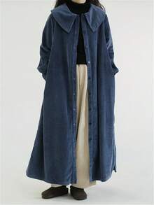 大码女式复古灯芯绒翻领宽松单排扣长袖连衣裙开衫，冬季服装，女士冬季外套