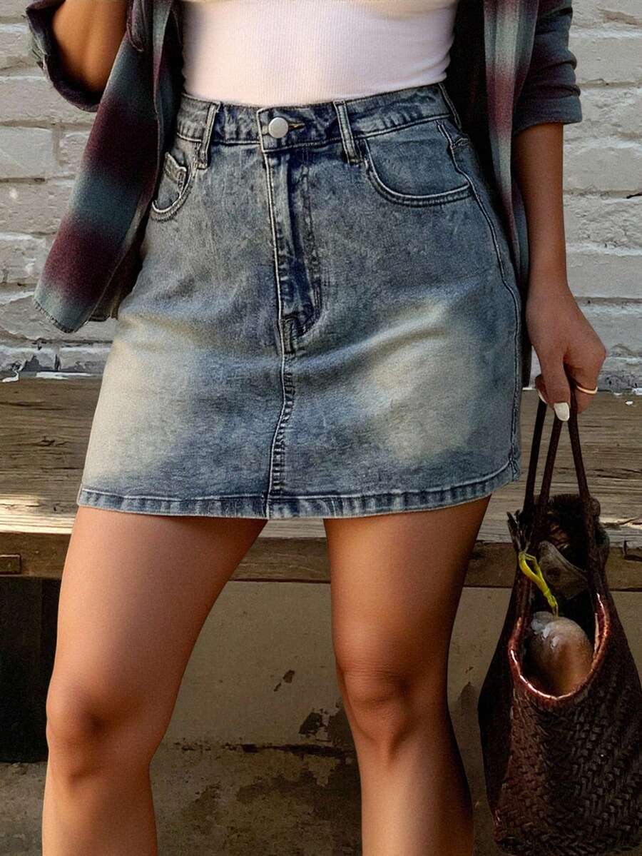 Livesso 女士牛仔短裙裤，带隐藏式前袋，休闲款，短裙裤 - 藍色 - 查看 1