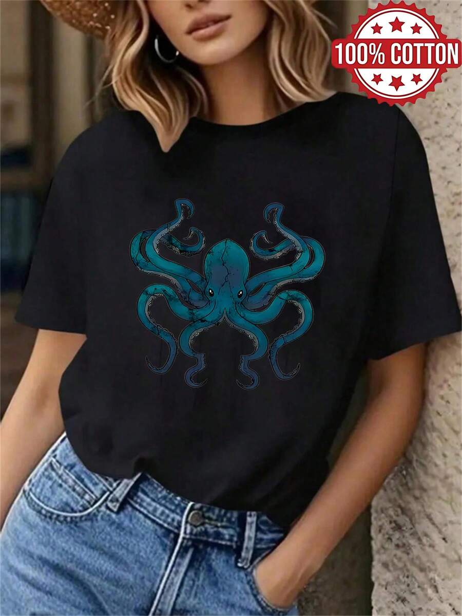 1PC 100% Cotton Octopus Graphic Print Women's Short Sleeve TShirt Casual Summer Tee Top Fashionable Outfit Comfortable Blouse - Negro - Ver 1