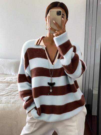 Livesso 女士条纹韩版休闲长袖毛衣，秋冬翻领毛衣