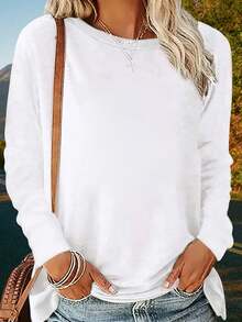 女士100%纯棉黑色长袖休闲圆领T恤 - 白色 - 查看 8