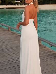 Women's Casual And Elegant Daily Versatile Solid Color Hollow Out Waist-Defining Sexy Pleated Flowy Strap White Sleeveless Halter Neck Long Dress, Spring Summer,Summer Dresses For Women,White Dress,Casual Long Dresses,Holiday Clothes,Elegant Dresses For Ladies,Party Dresses For Women,Beach Dresses,Summer Outfits - White - View 5