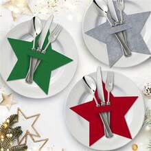 Porta cubiertos de fieltro en forma de estrella, soporte para utensilios navideños para cenas y fiestas, decoración festiva de mesa. - Verde militar - Ver 2
