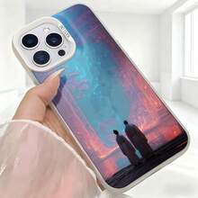 Cubierta de telefono con diseño de pareja al atardecer azul y rojo para iPhone 14 Pro Max funda protectora con estampado artístico para uso diario en cafeterías - Negro - Ver 5