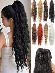 Synthetic 26Inch Long Wavy Claw Clip On Ponytail Hair Extension Blonde Ponytail Extension For Women Pony Tail Hair Hairpiece - Multicolor - View 3