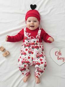 Conjunto de bebé para San Valentín: mono de manga larga con estampado de letras, pantalones con tirantes y gorro con estampado de corazones. - Rojo - Ver 3