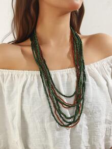 1pc Wood Bead & Glass Bead Bohemian Style Multi-Layer Necklace For Women - Army Green - View 7