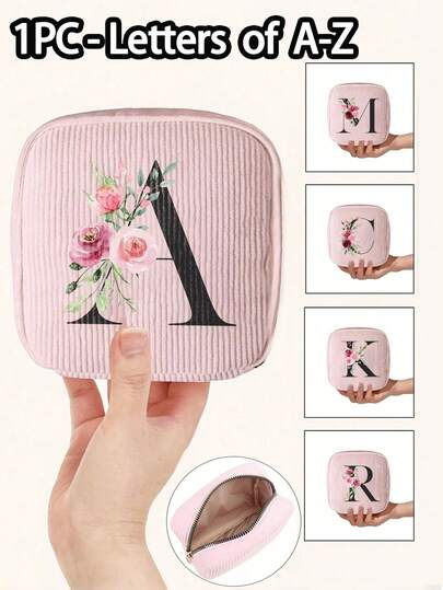 便携式灯芯绒卫生巾收纳袋，印有A-Z字母，粉色，粉色花卉黑色字母图案 - 大容量防水休闲设计 - 适合生理期女性！防水化妆旅行包、零钱包、女孩现金袋、可爱多功能收纳袋，女士便携大容量，圣诞节、万圣节、教师节礼物。