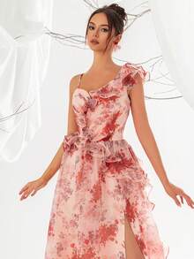 VIPGIRL Floral Print Mesh Ruffle Trim Asymmetric Neck Evening Maxi Dress - Rusty Rose - View 6