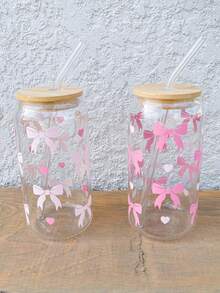 Pink Bow Matcha Coffee Glass Straw Cup, Iced Beverage Glass Straw Cup, Home Water Drinking Glass Cup, With Pink Bow Pattern Girly Glass Straw Cup - Multicolor - View 10