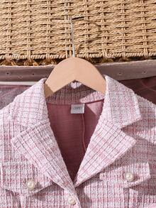 女童优雅甜美粉色条纹长袖外套和吊带连衣裙套装，适合宴会和派对，春秋季穿着 - 粉色 - 查看 3