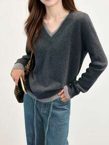Alicedudu 女士秋冬 V 领套头毛衣，简约设计，二合一造型 - 深灰色 - 查看 4