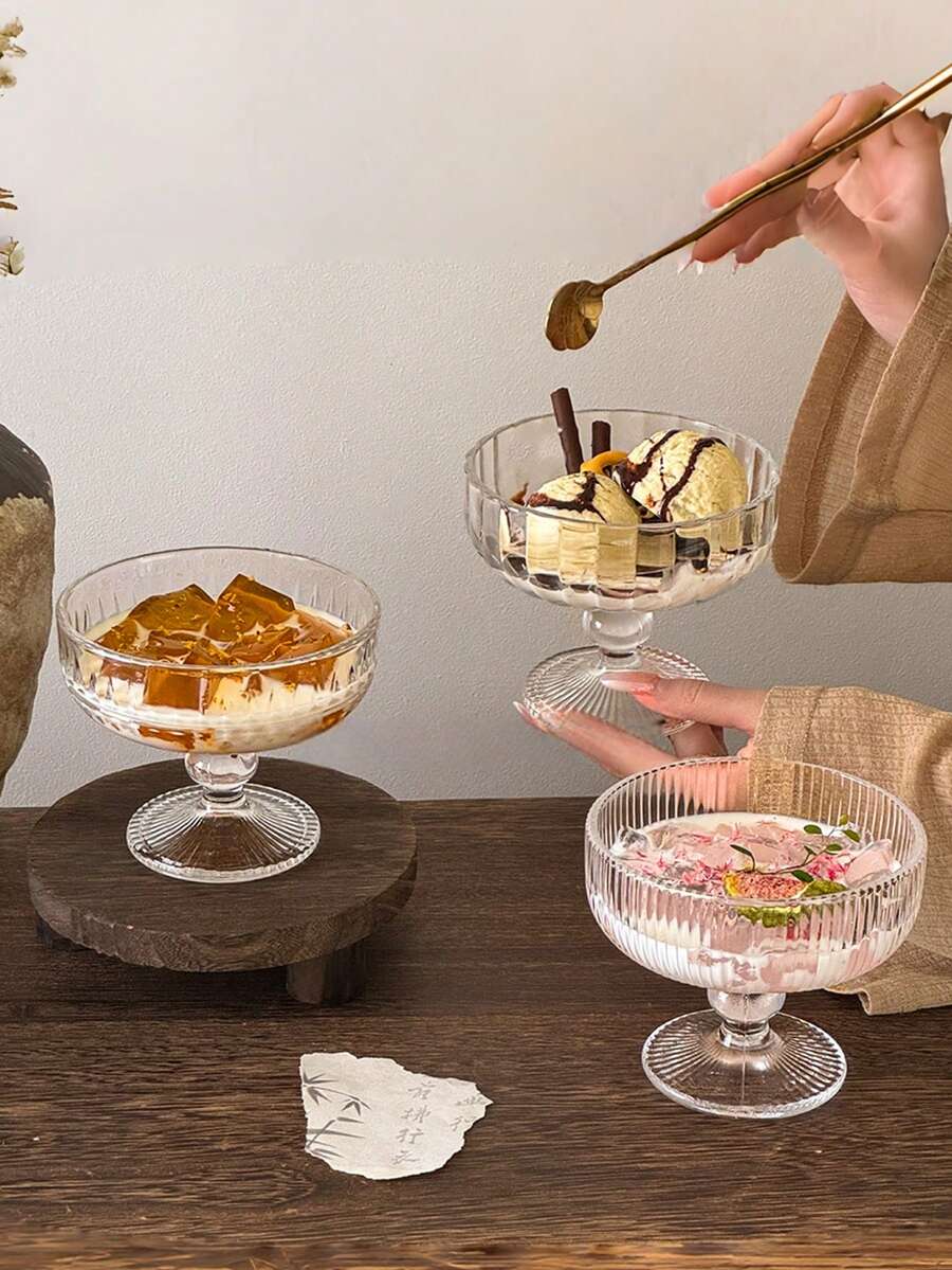 1 pieza Tazón de vidrio con estilo retro e INS para helado, yogur, postre, batido y pudín - transparente - Ver 1