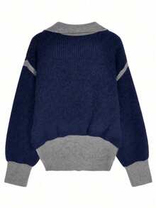 Áo khoác cardigan dệt kim phối màu tương phản, thiết kế retro giản dị, độc đáo, thích hợp cho mùa Thu/Đông. - Hải quân - Xem 8