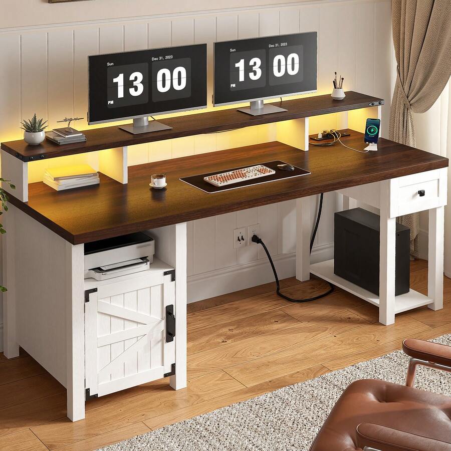 EnHomee Computer Desk With Power Outlets, Drawer And Storage Cabinet ...