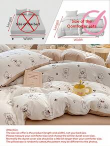 3件套米色可爱卡通熊超柔软加厚水洗超细纤维被套套装（1件被套+2件枕套），枕套随机裁剪，不含被芯 - 黑與白 - 查看 8