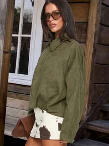 Women's Regular Faux Suede Long Sleeve Single Breasted Loose Casual Jacket, For Spring, Women's Pocket Metal Button Short Military Green Jacket Suitable For Spring And Autumn - Army Green - View 3