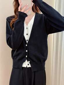 Alicedudu 女士秋冬优雅简约V领二合一毛衣开衫 - 黑色 - 查看 1