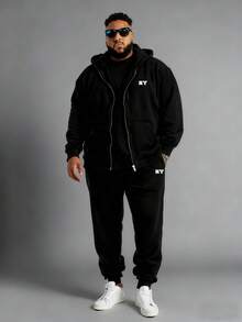 2件套加大码男士时尚简约纽约字母图案休闲口袋连帽卫衣，配抽绳裤，适合春、秋、冬户外、街头、日常穿着 - 彩色 - 查看 1