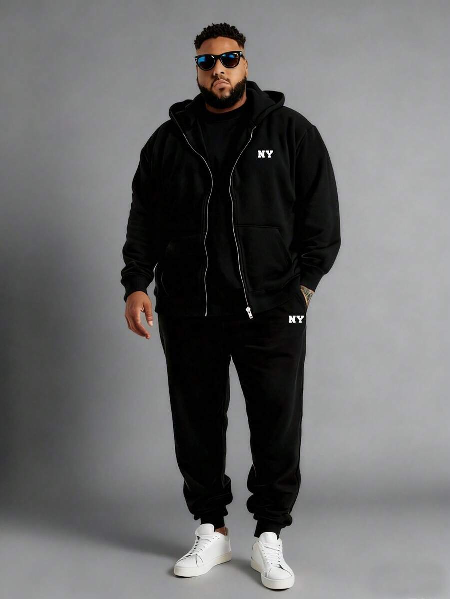 2件套加大码男士时尚简约纽约字母图案休闲口袋连帽卫衣，配抽绳裤，适合春、秋、冬户外、街头、日常穿着 - 彩色 - 查看 1