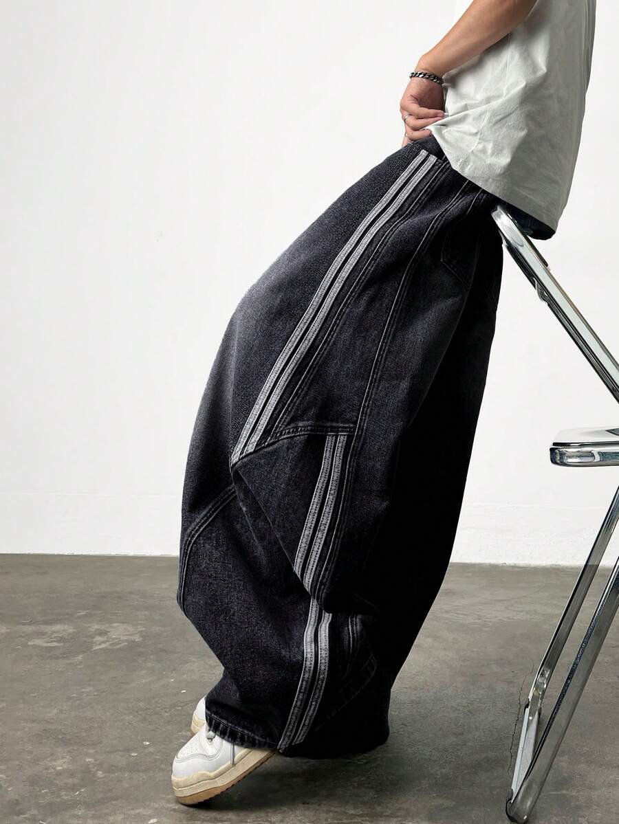 1件 Justice Brother 复古茧型男士牛仔裤，喇叭拼接宽松休闲阔腿裤 - 黑色 - 查看 1