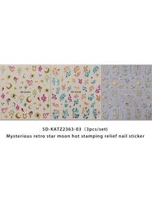 3 Peças de Adesivos de Arte de Unhas com Relevo de Estampa a Quente com Totem de Estrela e Lua - Estrela Retrô Misteriosa, Lua, Cobra, Folha, Coração, Olho do Diabo, Padrão de Luxo Retrô, Design de Arte DIY Pendurado, Adequado para Uso Diário, Casamento, Festa, Feriado, Adesivos de Unhas Descartáveis, Estilo de Tema de Luxo Simples e Leve, Fácil de Colar, Decoração de Salão de Beleza