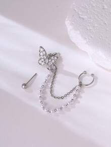 Nooxian Bộ 2 khuyên tai hình bướm (số lượng ngọc trai ngẫu nhiên) - Bạc - Xem 5