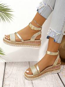 Plus Size Fashion New Rivet Decor Twist Buckle Women's Platform Thick Bottom Sandals, Summer Elegant Wedge High Heel Shoes, Suitable For Daily, Casual, Beach, Mother's Day Gift, Woven Ankle Strap Platform Sandals - Gold - View 3