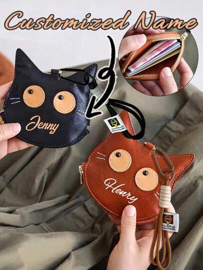 Personalisierte Kätzchen Münzbörse mit individuell anpassbarem Namen, Individuelle Münzbörse, süße Katzen Münzbörse mit Klettverschluss und Hängeseil, Cartoon Katzen Design Reißverschluss Münzbörse, modische künstliche Ledermünzbörse, Damen Kartentasche, klein und tragbar, geeignet zum Aufbewahren von Ausweisen, Bankkarten, Kleingeld usw., geeignet als kleine Geschenke für Familie, Freunde und Liebhaber, Urlaubsgeschenke, Halloween Geschenke, Weihnachtsgeschenke, Überraschungsgeschenke für Katzenliebhaber