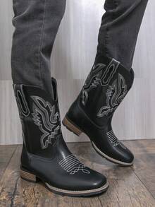情侣款西部牛仔靴，男女通用 | 黑色刺绣中筒靴 | 复古防滑鞋底 | 时尚男女靴 - 日常穿着/街头穿搭/牛仔竞技