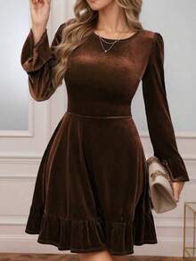 Elegant Velvet A-Line Mini Dress, Ruffle Hem, Long Sleeve, Round Neck, Suitable For Party - Brown - View 2