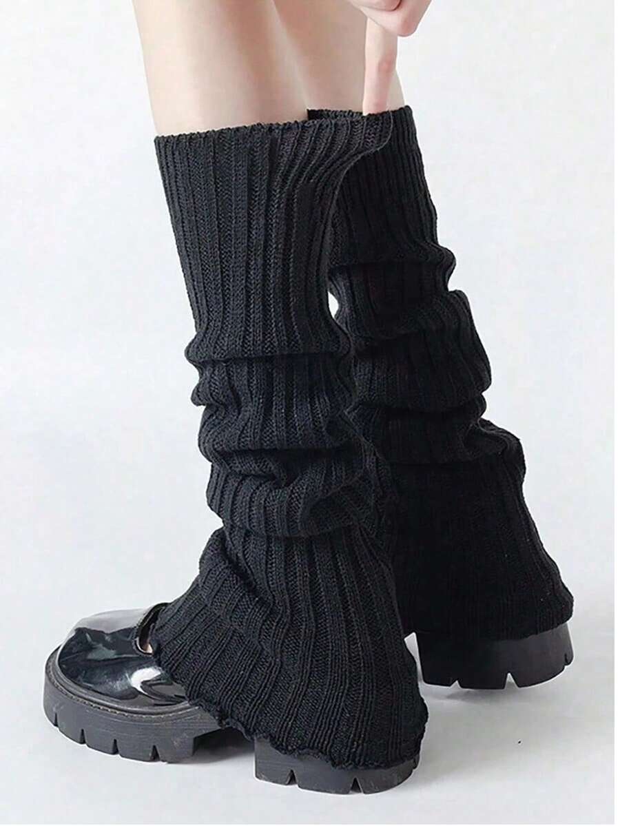 1 par negro/2 pares negro y blanco Calentadores de piernas cómodos y de moda para mujer con volantes, calentadores de piernas holgados para otoño e invierno - Negro - Ver 1