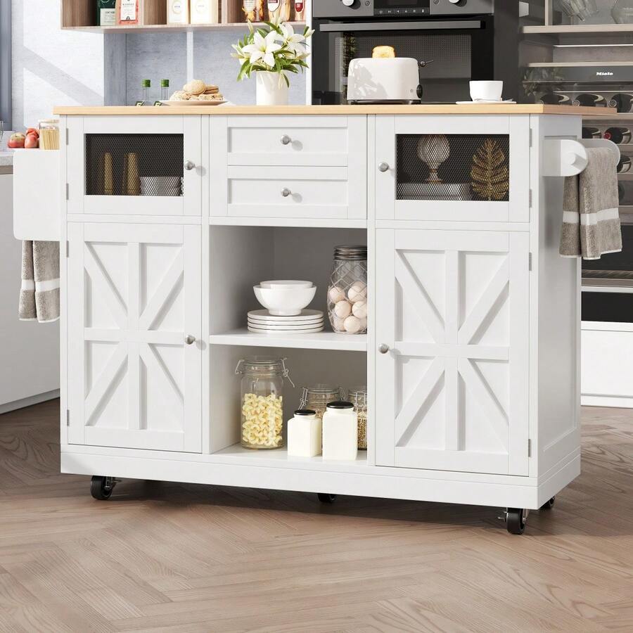 Kitchen Island, Dining Trolley With Countertop, Buffet Unit, Dining Trolley With Wood Grain, Side Towel Rack, Three-Dimensional Cabinet Doors With Wheels, Adjustable Partitions, Black - White + MDF - View 1