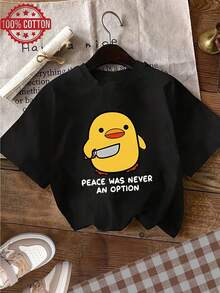 1pc 100% Cotton Women's Funny Duck with Knife 2D Print Crew Neck Short Sleeve TShirt for All Seasons - Negro - Ver 1