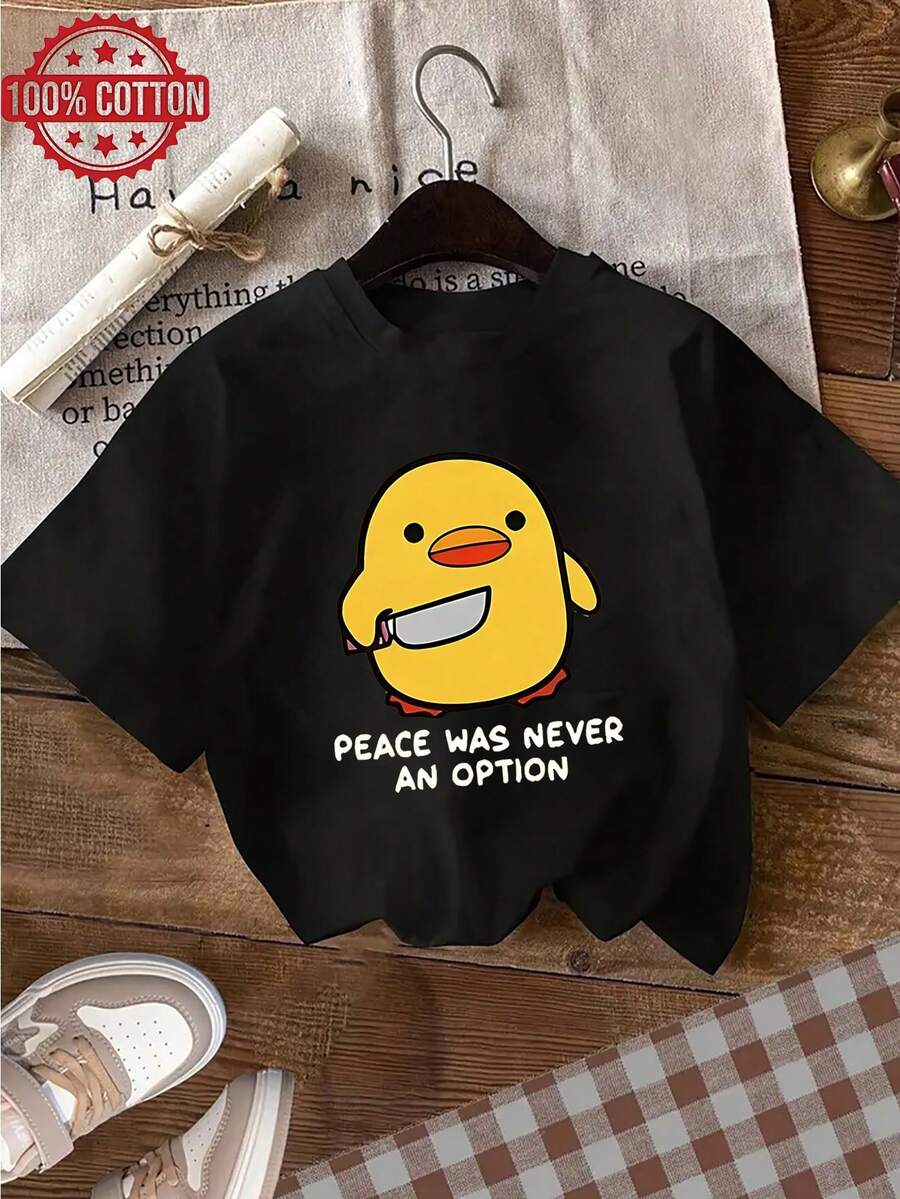 1pc 100% Cotton Women's Funny Duck with Knife 2D Print Crew Neck Short Sleeve TShirt for All Seasons - Negro - Ver 1