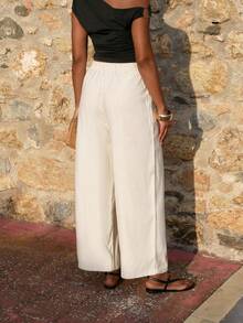 Yess Loren Women's Solid Color Loose Straight-Leg Pants With Elastic Waist Drawstring, Casual For Summer Linen - Apricot - View 6