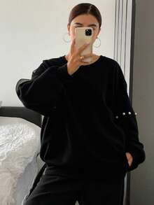 Women's Round Neck Pearl Button Decor Lantern Sleeve Loose Mesh Splice Sleeve Thickened Solid Color Sweatshirt, Halloween Costume Fall/Winter - Black - View 1