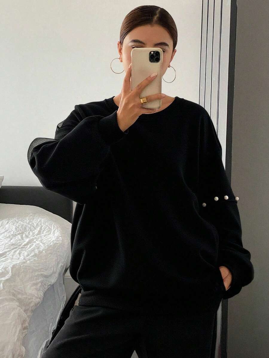 Women's Round Neck Pearl Button Decor Lantern Sleeve Loose Mesh Splice Sleeve Thickened Solid Color Sweatshirt, Halloween Costume Fall/Winter - Black - View 1