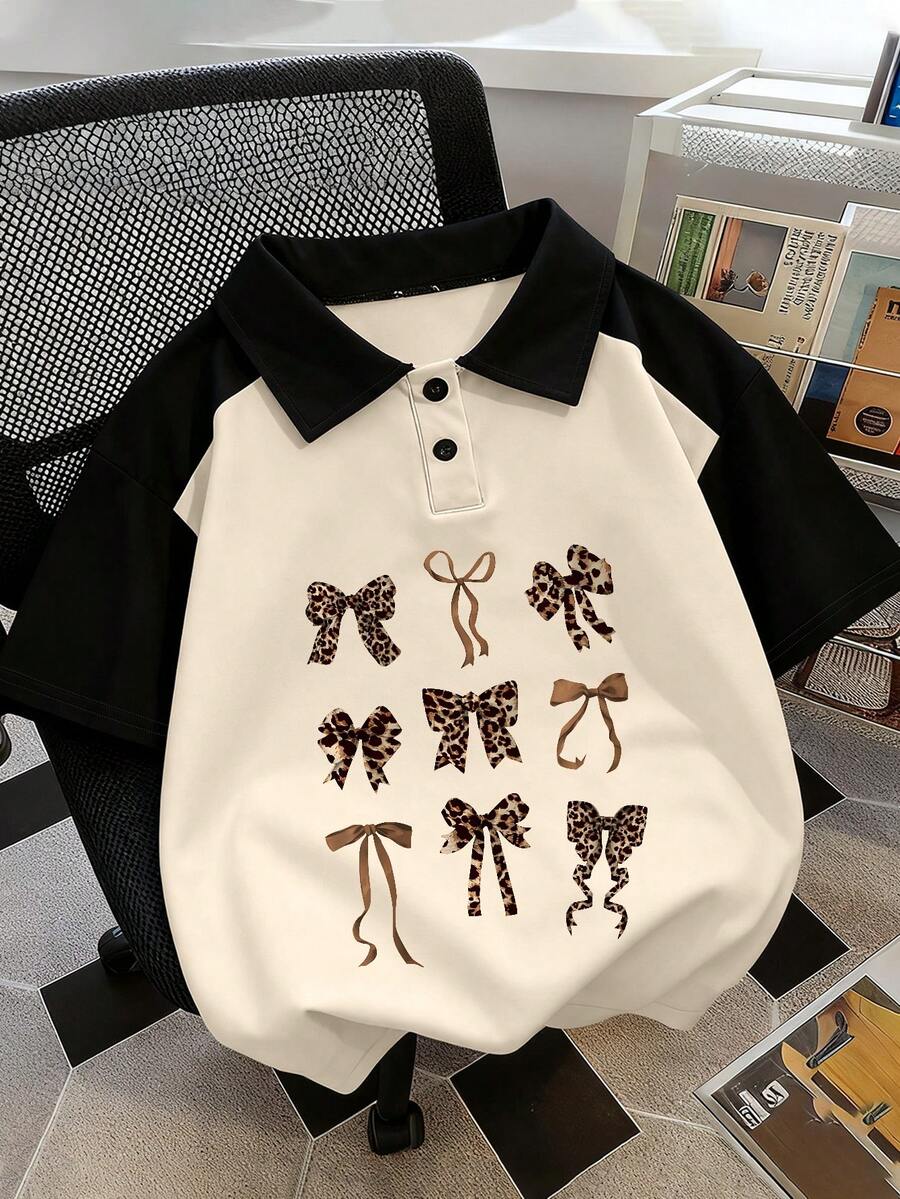 時尚休閒豹紋蝴蝶結 Polo 領 T 恤,適合春夏,女孩風格 - 杏色 - 查看 1
