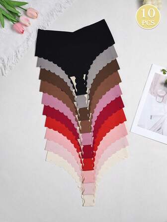 10pcs Women High Waist Thong Panties - Seamless Silk-Like Fabric, Wave Trim Design, Elegant Solid Color For Daily & Occasion Wear, Comfortable & Fashionable Lingerie, High Quality Underwear